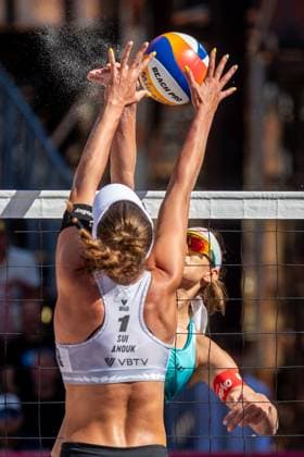 Pro Tour Beach volleyball, Beachvolleyball tournament, category Elite, took place in Ostrava, Czech Republic, on June 1, 2025. Tina Graudina (right) and Anastasija Samoilova of Latvia vs. Anouk Verge-Depre (left), Zoe Verge-Depre of Switzerland. (CTKxPhoto VladimirxPrycek) CTKPhotoP2025060101975  CTKPhotoP2025060101975