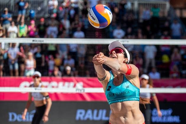Pro Tour Beach volleyball, Beachvolleyball tournament, category Elite, took place in Ostrava, Czech Republic, on June 1, 2025. Tina Graudina and Anastasija Samoilova (pictured) Anastasija Samoilovaof Latvia vs. Anouk Verge-Depre, Zoe Verge-Depre of Switzerland. (CTKxPhoto VladimirxPrycek) CTKPhotoP2025060101979  CTKPhotoP2025060101979