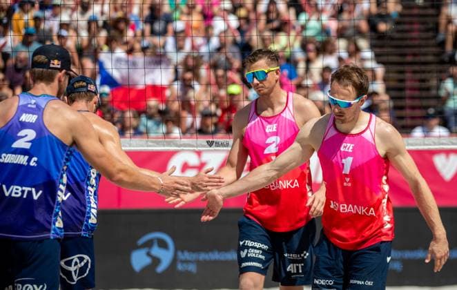 Pro Tour Beach volleyball, Beachvolleyball tournament, category Elite, took place in Ostrava, Czech Republic, on June 1, 2025. Anders Berntsen Mol, Christian Sandlie Sorum (left) of Norway vs. Ondrej Perusic (right), David Schweiner (centre) of Czech Republic. (CTKxPhoto VladimirxPrycek) CTKPhotoP2025060102452  CTKPhotoP2025060102452