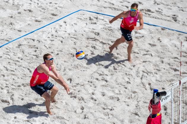 Pro Tour Beach volleyball, Beachvolleyball tournament, category Elite, took place in Ostrava, Czech Republic, on June 1, 2025. Anders Berntsen Mol, Christian Sandlie Sorum of Norway vs. Ondrej Perusic (left), David Schweiner (right) of Czech Republic. (CTKxPhoto VladimirxPrycek) CTKPhotoP2025060102462  CTKPhotoP2025060102462