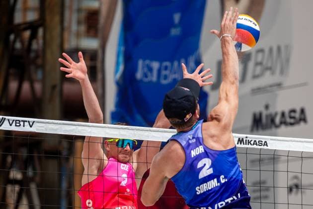 Pro Tour Beach volleyball, Beachvolleyball tournament, category Elite, took place in Ostrava, Czech Republic, on June 1, 2025. Anders Berntsen Mol, Christian Sandlie Sorum (right) of Norway vs. Ondrej Perusic, David Schweiner (left) of Czech Republic. (CTKxPhoto VladimirxPrycek) CTKPhotoP2025060102481  CTKPhotoP2025060102481