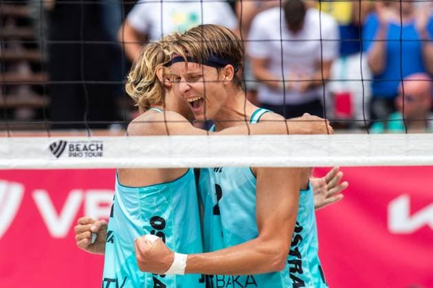 Pro Tour Beach volleyball, Beachvolleyball tournament, category Elite, took place in Ostrava, Czech Republic, on June 1, 2025. David Ahman (left), Jonatan Hellvig (right) of Sweden vs. Bartosz Losiak, Michal Bryl of Poland. (CTKxPhoto VladimirxPrycek) CTKPhotoP2025060102766  CTKPhotoP2025060102766