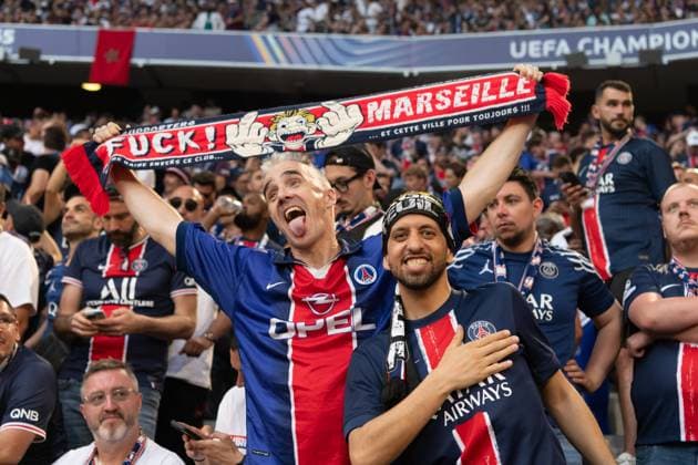 Paris Saint Germain Fans with Fuck Marseille Fanscarf GER, Paris Saint Germain vs Inter Milan, Football, Men, UEFA Champions League Final Muenchen 2025, Season 2024 2025, 31 05 2025, GER, Paris Saint Germain vs Inter Milan, Football, Men, UEFA Champions League Final Muenchen 2025, Season 2024 2025, 31 05 2025 Muenchen Copyright: xEibner-Pressefoto WolfgangxFrankx EP_WFK