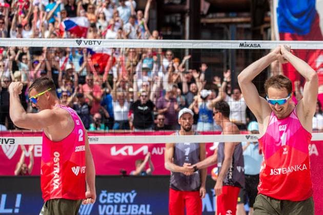 Pro Tour Beach volleyball, Beachvolleyball tournament, category Elite, took place in Ostrava, Czech Republic, on June 1, 2025. Ondrej Perusic (right), David Schweiner (left) of Czech Republic vs. Bartosz Losiak, Michal Bryl of Poland. (CTKxPhoto VladimirxPrycek) CTKPhotoP2025060103441  CTKPhotoP2025060103441