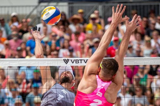 Pro Tour Beach volleyball, Beachvolleyball tournament, category Elite, took place in Ostrava, Czech Republic, on June 1, 2025. Ondrej Perusic, David Schweiner (right) of Czech Republic vs. Bartosz Losiak (left), Michal Bryl of Poland. (CTKxPhoto VladimirxPrycek) CTKPhotoP2025060103459  CTKPhotoP2025060103459