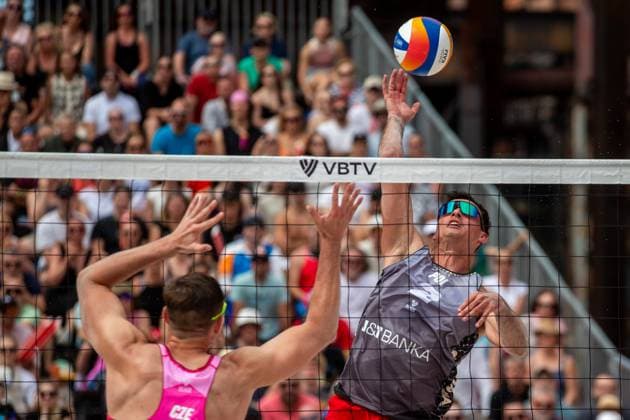 Pro Tour Beach volleyball, Beachvolleyball tournament, category Elite, took place in Ostrava, Czech Republic, on June 1, 2025. Ondrej Perusic, David Schweiner (left) of Czech Republic vs. Bartosz Losiak, Michal Bryl (right) of Poland. (CTKxPhoto VladimirxPrycek) CTKPhotoP2025060103471  CTKPhotoP2025060103471