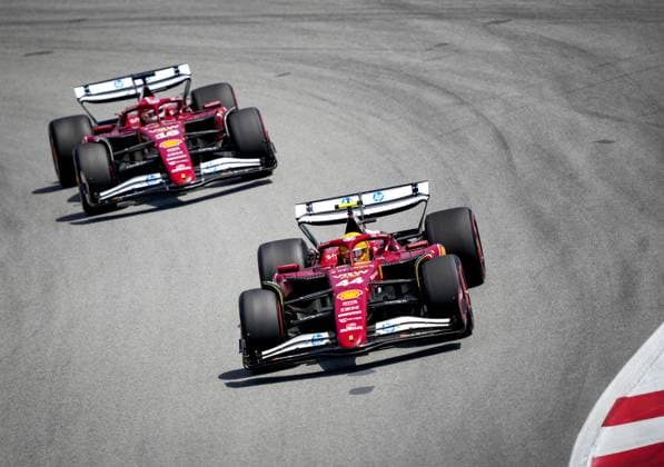 BARCELONA - Lewis Hamilton (Ferrari) in action in front of Charles Leclerc (Ferrari) at the Circuit de Barcelona-Catalunya during the Spanish Grand Prix. ANP SANDER KING xVIxANPxSportx xxANPxIVx 529108625 originalFilename: 529108625.jpg