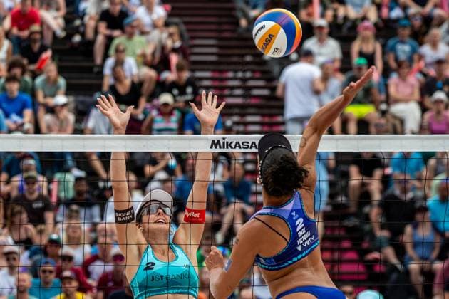 Pro Tour Beach volleyball, Beachvolleyball tournament, category Elite, took place in Ostrava, Czech Republic, on June 1, 2025. Women s final Tina Graudina, Anastasija Samoilova (left) of Latvia vs. Thamela Coradello Galil, Victoria Lopes Pereira Tosta (right) of Brazil. (CTKxPhoto VladimirxPrycek) CTKPhotoP2025060103884  CTKPhotoP2025060103884