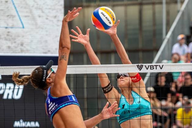 Pro Tour Beach volleyball, Beachvolleyball tournament, category Elite, took place in Ostrava, Czech Republic, on June 1, 2025. Women s final Tina Graudina (right), Anastasija Samoilova of Latvia vs. Thamela Coradello Galil (left), Victoria Lopes Pereira Tosta of Brazil. (CTKxPhoto VladimirxPrycek) CTKPhotoP2025060103899  CTKPhotoP2025060103899