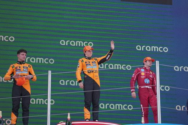 Formula 1 Aramco Grand Prix of Spain 2025 01 06 2025, Circuit de Catalunya, Barcelona, Formula 1 Aramco Grand Prix of Spain 2025 , in the picture podium , winner Oscar Piastri AUS , McLaren F1 Team, 2nd place for Lando Norris GBR , 3rd place for Charles Leclerc MCO , Scuderia Ferrari HP nordphotoxGmbHx xBratic nph00250
