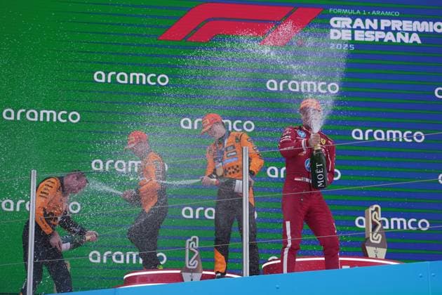 01 06 2025, Circuit de Catalunya, Barcelona, Formula 1 Aramco Grand Prix of Spain 2025 , in the picture podium , winner Oscar Piastri AUS , McLaren F1 Team, 2nd place for Lando Norris GBR , 3rd place for Charles Leclerc MCO , Scuderia Ferrari HP Photo by Hasan Bratic DeFodi Images