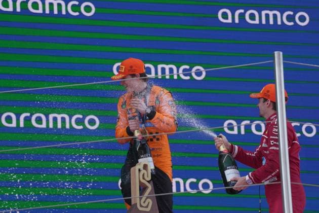 01 06 2025, Circuit de Catalunya, Barcelona, Formula 1 Aramco Grand Prix of Spain 2025 , in the picture podium winner Oscar Piastri AUS , McLaren F1 Team, 3rd place for Charles Leclerc MCO , Scuderia Ferrari HP Photo by Hasan Bratic DeFodi Images