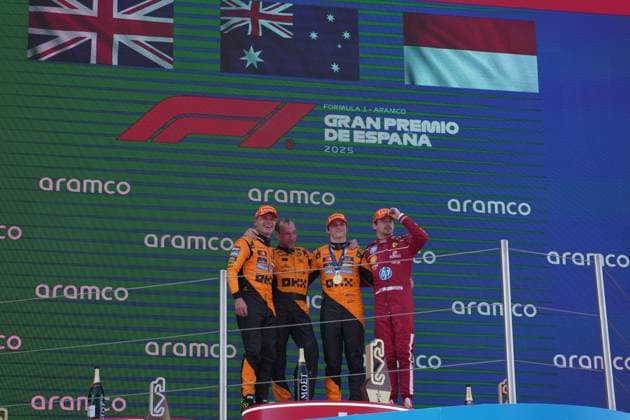 01 06 2025, Circuit de Catalunya, Barcelona, Formula 1 Aramco Grand Prix of Spain 2025 , in the picture podium , winner Oscar Piastri AUS , McLaren F1 Team, 2nd place for Lando Norris GBR , 3rd place for Charles Leclerc MCO , Scuderia Ferrari HP Photo by Hasan Bratic DeFodi Images