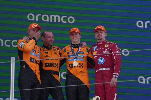01 06 2025, Circuit de Catalunya, Barcelona, Formula 1 Aramco Grand Prix of Spain 2025 , in the picture podium , winner Oscar Piastri AUS , McLaren F1 Team, 2nd place for Lando Norris GBR , 3rd place for Charles Leclerc MCO , Scuderia Ferrari HP Photo by Hasan Bratic DeFodi Images