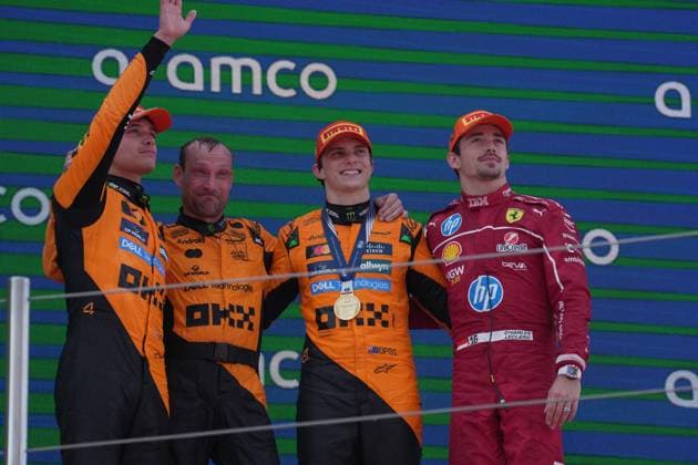 01 06 2025, Circuit de Catalunya, Barcelona, Formula 1 Aramco Grand Prix of Spain 2025 , in the picture podium , winner Oscar Piastri AUS , McLaren F1 Team, 2nd place for Lando Norris GBR , 3rd place for Charles Leclerc MCO , Scuderia Ferrari HP Photo by Hasan Bratic DeFodi Images