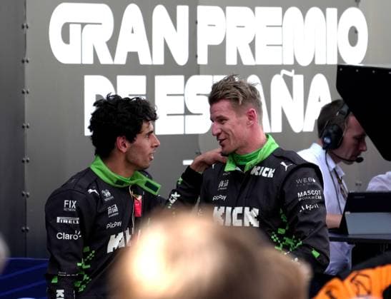 Formula 1 Aramco Grand Prix of Spain 2025 01 06 2025, Circuit de Catalunya, Barcelona, Formula 1 Aramco Grand Prix of Spain 2025 , in the picture Nico Hülkenberg DEU , Stake F1 Team Kick Sauber is happy about his 5th place in Barcelona, Gabriel Bortoleto BRA , Stake F1 Team Kick Sauber nordphotoxGmbHx xBratic nph00250