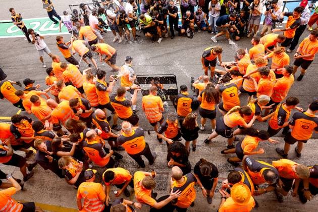 Team celebrates victory of 81 Oscar Piastri AUS, McLaren F1 Team and P2 of 4 Lando Norris GBR, McLaren F1 Team , F1 Grand Prix of Spain at Circuit de Barcelona Catalunya on June 1, 2025 in Barcelona, Spain Photo by HOCH ZWEI Barcelona Spain