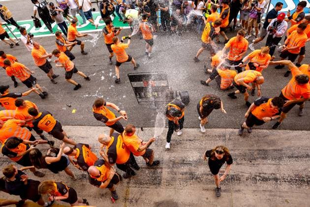 Team celebrates victory of 81 Oscar Piastri AUS, McLaren F1 Team and P2 of 4 Lando Norris GBR, McLaren F1 Team , F1 Grand Prix of Spain at Circuit de Barcelona Catalunya on June 1, 2025 in Barcelona, Spain Photo by HOCH ZWEI Barcelona Spain
