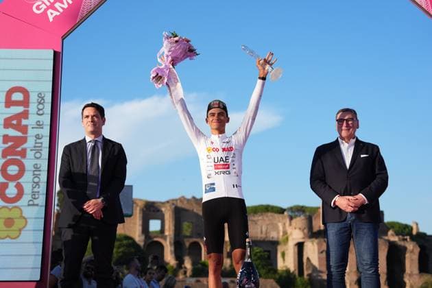 Isaac Romero Del Toro of Uae Team Emirates Xrg white jersey on the podium during the stage 21 of the Giro d™Italia from Roma to Roma, Italy - Sunday, June 01, 2025. - cycling.  Copyright: xFabioxFerrari LaPressex