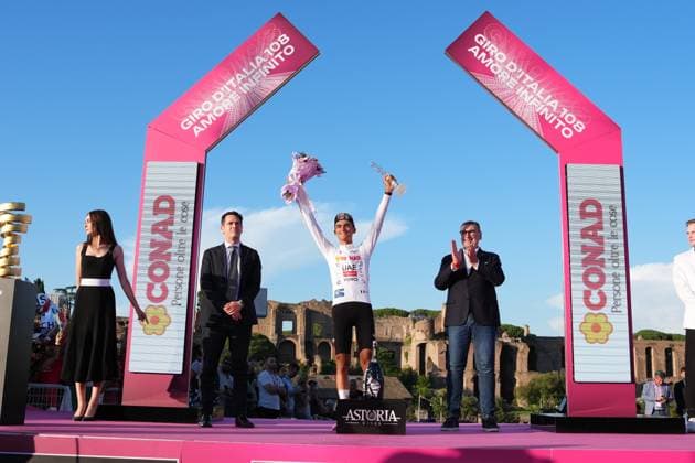 Isaac Romero Del Toro of Uae Team Emirates Xrg white jersey on the podium during the stage 21 of the Giro d™Italia from Roma to Roma, Italy - Sunday, June 01, 2025. - cycling.  Copyright: xFabioxFerrari LaPressex