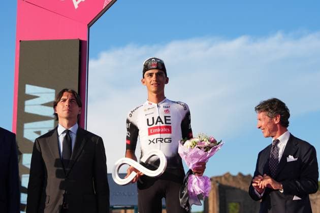 Isaac Romero Del Toro of Uae Team Emirates Xrg white jersey on the podium during the stage 21 of the Giro d™Italia from Roma to Roma, Italy - Sunday, June 01, 2025. - cycling.  Copyright: xFabioxFerrari LaPressex