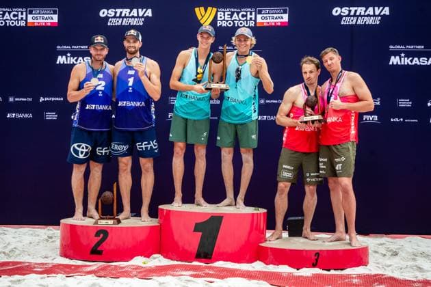 (L-R) Second placed Christian Sandlie Sorum and Anders Berntsen Mol of Norway, winners Jonatan Hellvig and David Ahman of Sweden and third placed Ondrej Perusic and David Schweiner of Czech Republic after the Pro Tour Elite Beach volleyball, Beachvolleyball tournament in Ostrava, Czech Republic, June 1, 2025. (CTKxPhoto VladimirxPrycek) CTKPhotoP2025060104532  CTKPhotoP2025060104532