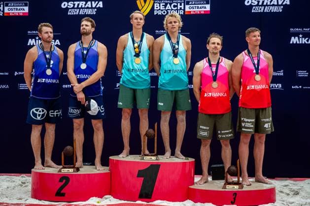 (L-R) Second placed Christian Sandlie Sorum and Anders Berntsen Mol of Norway, winners Jonatan Hellvig and David Ahman of Sweden and third placed Ondrej Perusic and David Schweiner of Czech Republic after the Pro Tour Elite Beach volleyball, Beachvolleyball tournament in Ostrava, Czech Republic, June 1, 2025. (CTKxPhoto VladimirxPrycek) CTKPhotoP2025060104533  CTKPhotoP2025060104533