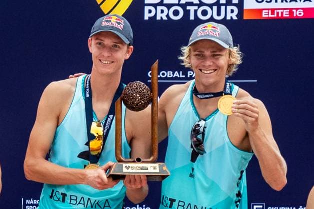 Winners Jonatan Hellvig, left, and David Ahman of Sweden with golden medals after the Pro Tour Elite Beach volleyball, Beachvolleyball tournament in Ostrava, Czech Republic, June 1, 2025. (CTKxPhoto VladimirxPrycek) CTKPhotoP2025060104537  CTKPhotoP2025060104537
