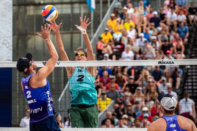 Christian Sandlie Sorum of Norway, left, and Jonatan Hellvig of Sweden in action during the final men match Anders Berntsen Mol and Christian Sandlie Sorum of Norway vs David Ahman and Jonatan Hellvig of Sweden at the Pro Tour Elite Beach volleyball, Beachvolleyball tournament in Ostrava, Czech Republic, June 1, 2025. (CTKxPhoto VladimirxPrycek) CTKPhotoP2025060104550  CTKPhotoP2025060104550