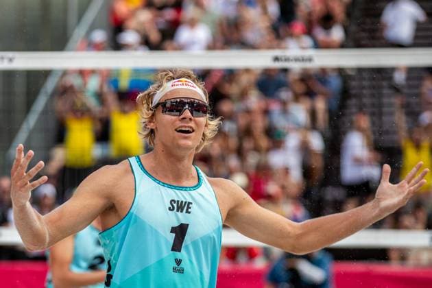 David Ahman of Sweden reacts during the final men match Anders Berntsen Mol and Christian Sandlie Sorum of Norway vs David Ahman and Jonatan Hellvig of Sweden at the Pro Tour Elite Beach volleyball, Beachvolleyball tournament in Ostrava, Czech Republic, June 1, 2025. (CTKxPhoto VladimirxPrycek) CTKPhotoP2025060104553  CTKPhotoP2025060104553