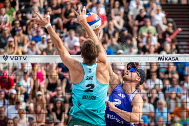 Jonatan Hellvig of Sweden, left, and Christian Sandlie Sorum of Norway in action during the final men match Anders Berntsen Mol and Christian Sandlie Sorum of Norway vs David Ahman and Jonatan Hellvig of Sweden at the Pro Tour Elite Beach volleyball, Beachvolleyball tournament in Ostrava, Czech Republic, June 1, 2025. (CTKxPhoto VladimirxPrycek) CTKPhotoP2025060104561  CTKPhotoP2025060104561
