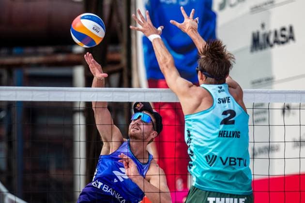 Christian Sandlie Sorum of Norway, left, and Jonatan Hellvig of Sweden in action during the final men match Anders Berntsen Mol and Christian Sandlie Sorum of Norway vs David Ahman and Jonatan Hellvig of Sweden at the Pro Tour Elite Beach volleyball, Beachvolleyball tournament in Ostrava, Czech Republic, June 1, 2025. (CTKxPhoto VladimirxPrycek) CTKPhotoP2025060104567  CTKPhotoP2025060104567