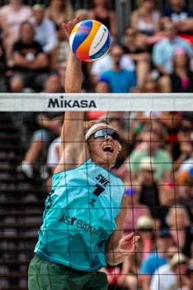 David Ahman of Sweden in action during the final men match Anders Berntsen Mol and Christian Sandlie Sorum of Norway vs David Ahman and Jonatan Hellvig of Sweden at the Pro Tour Elite Beach volleyball, Beachvolleyball tournament in Ostrava, Czech Republic, June 1, 2025. (CTKxPhoto VladimirxPrycek) CTKPhotoP2025060104568  CTKPhotoP2025060104568