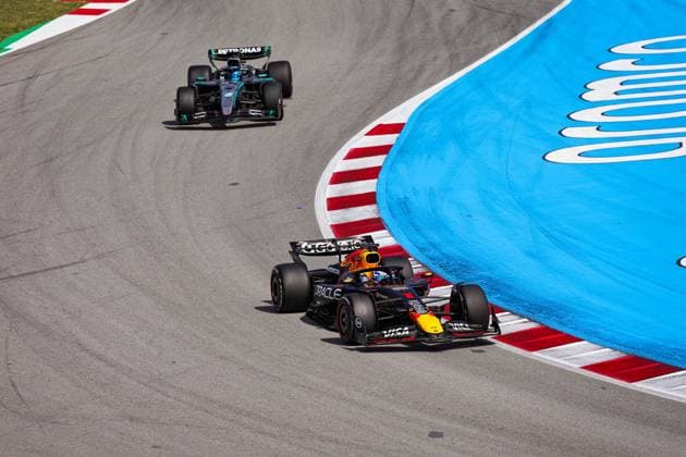 1 Max Verstappen NLD, Oracle Red Bull Racing , 63 George Russell GBR, Mercedes AMG Petronas F1 Team , F1 Grand Prix of Spain at Circuit de Barcelona Catalunya on June 1, 2025 in Barcelona, Spain Photo by HOCH ZWEI Barcelona Spain
