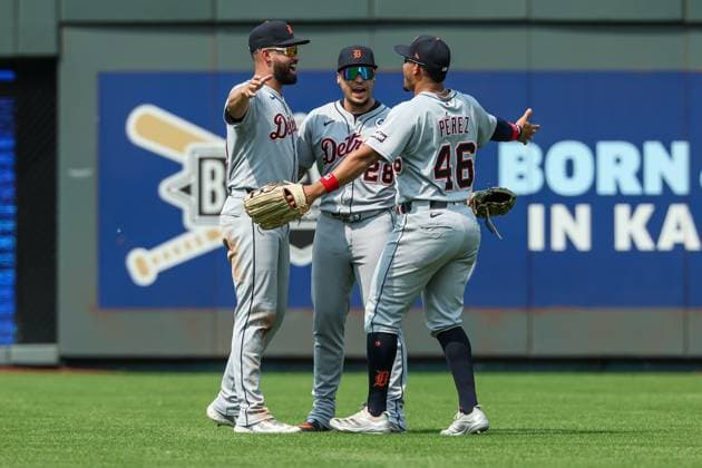 June 01, 2025: Detroit Tigers left fielder Riley Greene (31), left, center fielder Javier Baez (28), and right fielder Wenceel Perez (46) celebrate their 1-0 win over the Kansas City Royals at Kauffman Stadium in Kansas City, MO. CSM Kansas City United States of America - ZUMAc04_ 20250601_zma_c04_098 Copyright: xDavidxSmithx