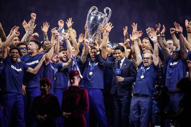 June 1, 2025, Paris, France, France: MARQUINHOS of PSG celebrate with Nasser AL-KHELAIFI of PSG, Luis CAMPOS and teammates during a ceremony to present the trophy a day after Paris Saint-Germain (PSG) football club won the UEFA Champions League at Parc des Princes Stadium on June 01, 2025 in Paris, France. Paris France - ZUMAm308 20250601_zsp_m308_060 Copyright: xMatthieuxMirvillex