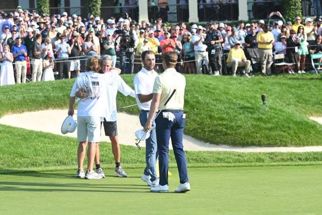 June 1, 2025: Ben Griffin (right) congratulates Scottie Scheffler (left) on his Memorial Tournament win in Dublin, Ohio. Cal Media Dublin USA - ZUMAc04_ 20250602_zma_c04_003 Copyright: xBrentxClarkx