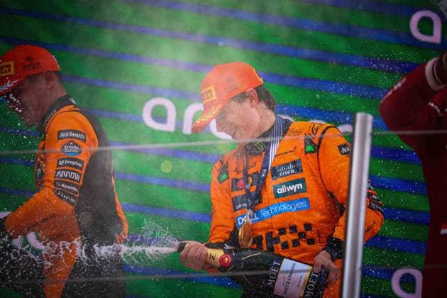 MOTORI - Formula 1 - Aramco Gran Premio de Espana 2025 - Race Podium of the race with Oscar Piastri 81 Lando Norris 4 McLaren Mercedes and Charles Leclerc 16 Ferrari during the Spanish GP, Barcelona 29 May-1 June 2025, Montemelo Formula 1 World Championship, WM, Weltmeisterschaft 2025. Spain Spain  Copyright: xIPAxSport ABACAx
