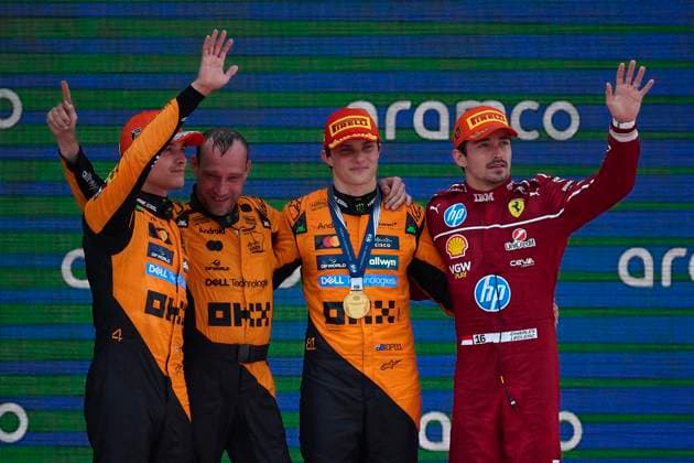 (250602) -- MONTMELO, June 2, 2025 -- First-placed McLaren s Australian driver Oscar Piastri (2nd R), second-placed McLaren s British driver Lando Norris (1st L) and third-placed Ferrari s driver Charles Leclerc (1st R) of Monaco celebrate on the podium after the 2025 Formula One Spanish Grand Prix at the Catalunya Circuit in Montmelo, near Barcelona, Spain, June 1, 2025. (Photo by Xinhua) (SP)SPAIN-MONTMELO-F1-SPANISH GRAND PRIX PabloxMorano 