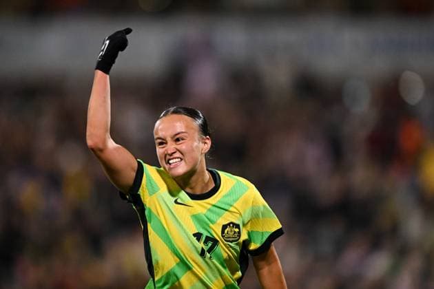 SOCCER AUSTRALIA ARGENTINA, Amy Sayer of Australia celebrates after scoring a goal during the Women s friendly international soccer match between Australia and Argentina at GIO Stadium in Canberra, Monday, June 2, 2025. ( NO ARCHIVING, EDITORIAL USE ONLY CANBERRA AUSTRALIAN CAPITAL TERRITORY AUSTRALIA  Copyright: xLUKASxCOCHx 20250602160680709583