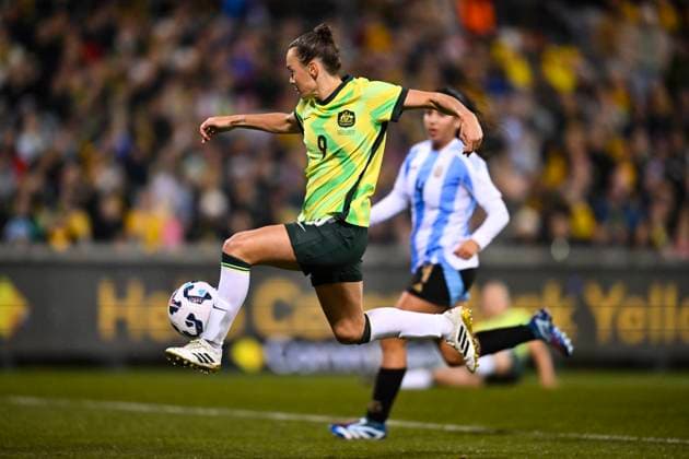 SOCCER AUSTRALIA ARGENTINA, Caitlin Foord of Australia misses an opportunity to score during the Women s friendly international soccer match between Australia and Argentina at GIO Stadium in Canberra, Monday, June 2, 2025. ( NO ARCHIVING, EDITORIAL USE ONLY CANBERRA AUSTRALIAN CAPITAL TERRITORY AUSTRALIA  Copyright: xLUKASxCOCHx 20250602166311511819