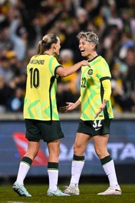 SOCCER AUSTRALIA ARGENTINA, Emily Van Egmond of Australia celebrates with Michelle Heyman of Australia after scoring a goal during the Women s friendly international soccer match between Australia and Argentina at GIO Stadium in Canberra, Monday, June 2, 2025. ( NO ARCHIVING, EDITORIAL USE ONLY CANBERRA AUSTRALIAN CAPITAL TERRITORY AUSTRALIA  Copyright: xLUKASxCOCHx 20250602138690400208