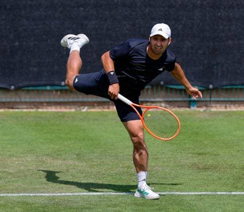 2nd June 2025; Edgbaston Priory Club, Birmingham, England: Lexus Birmingham Open Tennis, Day 1; Yasutaka Uchiyama (JPN) serves in his mens singles match against Jack Pinnington Jones (GBR)  ActionPlus12797615 RogerxEvans