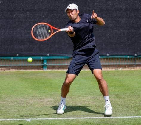 2nd June 2025; Edgbaston Priory Club, Birmingham, England: Lexus Birmingham Open Tennis, Day 1; Yasutaka Uchiyama (JPN) forehand in his mens singles match against Jack Pinnington Jones (GBR)  ActionPlus12797619 RogerxEvans