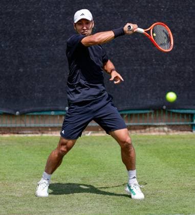 2nd June 2025; Edgbaston Priory Club, Birmingham, England: Lexus Birmingham Open Tennis, Day 1; Yasutaka Uchiyama (JPN) forehand in his mens singles match against Jack Pinnington Jones (GBR)  ActionPlus12797620 RogerxEvans