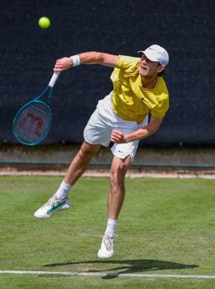 2nd June 2025; Edgbaston Priory Club, Birmingham, England: Lexus Birmingham Open Tennis, Day 1; Jack Pinnington Jones (GBR) serves in his mens singles match against Yasutaka Uchiyama (JPN)  ActionPlus12797622 RogerxEvans