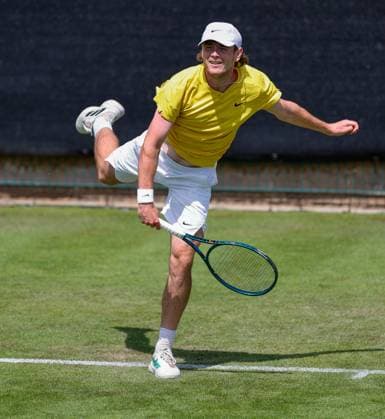 2nd June 2025; Edgbaston Priory Club, Birmingham, England: Lexus Birmingham Open Tennis, Day 1; Jack Pinnington Jones (GBR) serves in his mens singles match against Yasutaka Uchiyama (JPN)  ActionPlus12797623 RogerxEvans