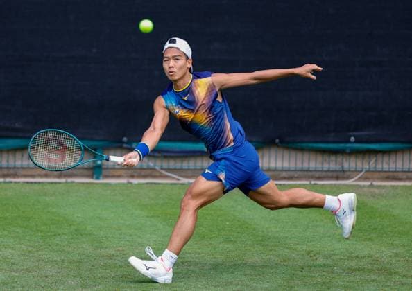 2nd June 2025; Edgbaston Priory Club, Birmingham, England: Lexus Birmingham Open Tennis, Day 1; Li Tu (AUS) running forehand in his mens singles match against Zachary Svajda (USA)  ActionPlus12797629 RogerxEvans