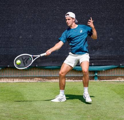 2nd June 2025; Edgbaston Priory Club, Birmingham, England: Lexus Birmingham Open Tennis, Day 1; Zachary Svajda (USA) forehand in his mens singles match against Li Tu (AUS)  ActionPlus12797635 RogerxEvans