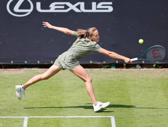 2nd June 2025; Edgbaston Priory Club, Birmingham, England: Lexus Birmingham Open Tennis, Day 1; Erika Andreeva running backhand in her womens singles match against Katarzyna Kawa (POL)  ActionPlus12797668 RogerxEvans